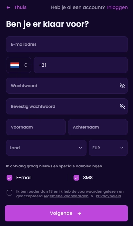 Registratieformulier van Stepsino Casino